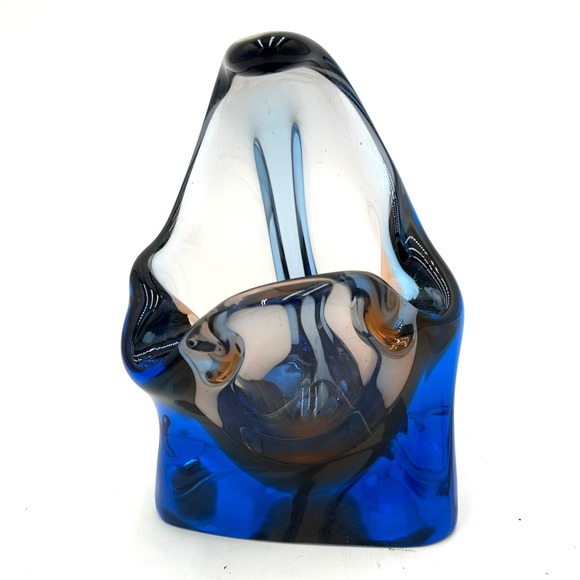 Colbalt Blue Amber Art Glass Basket Vase Ashtray or Bowl Centerpiece - Picture 1 of 9